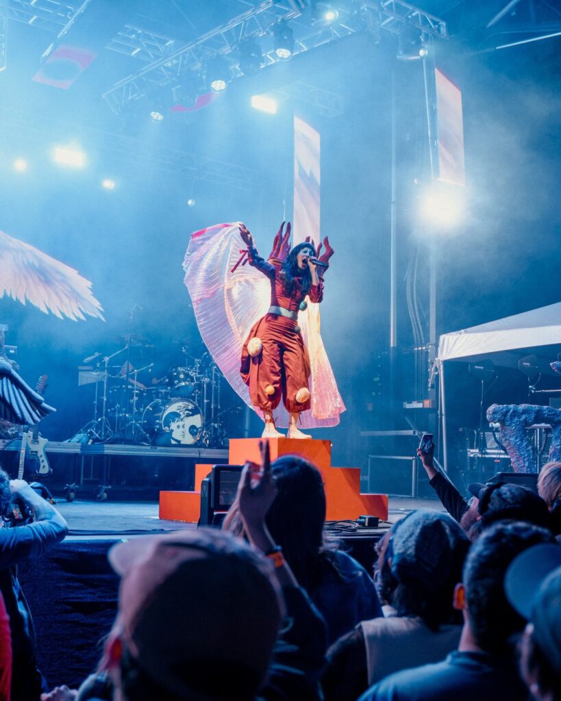Performer in a winged costume above the crowd at Treefort Music Hall